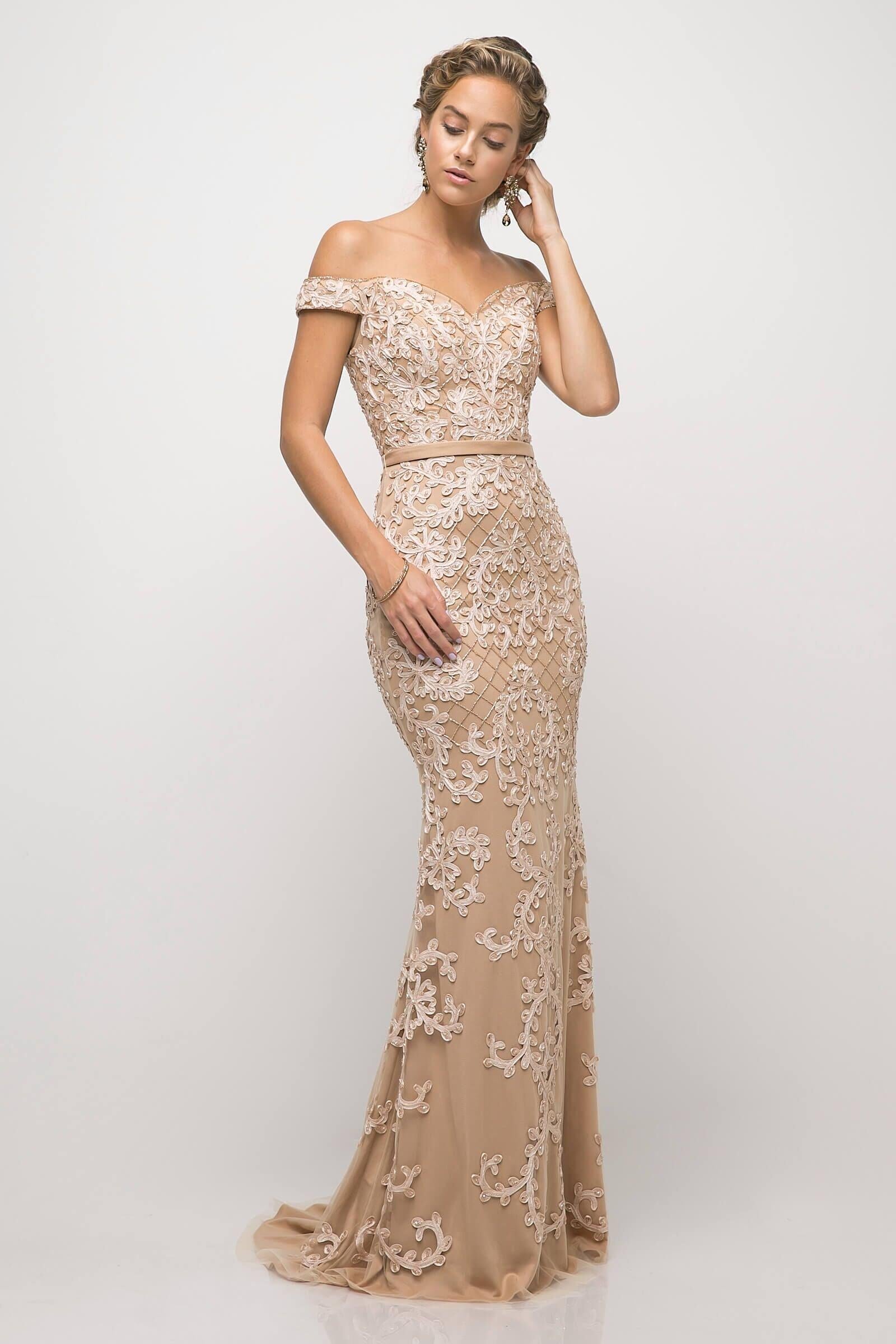 Long Formal Off Shoulder Beaded Lace Prom Dress - The Dress Outlet Cinderella Divine