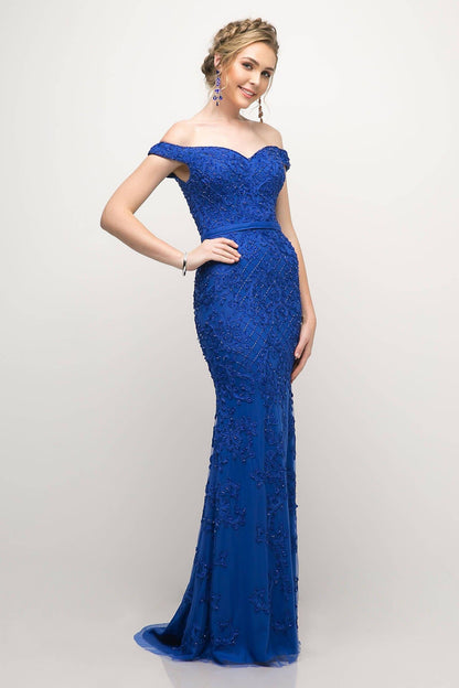 Long Formal Off Shoulder Beaded Lace Prom Dress - The Dress Outlet Cinderella Divine