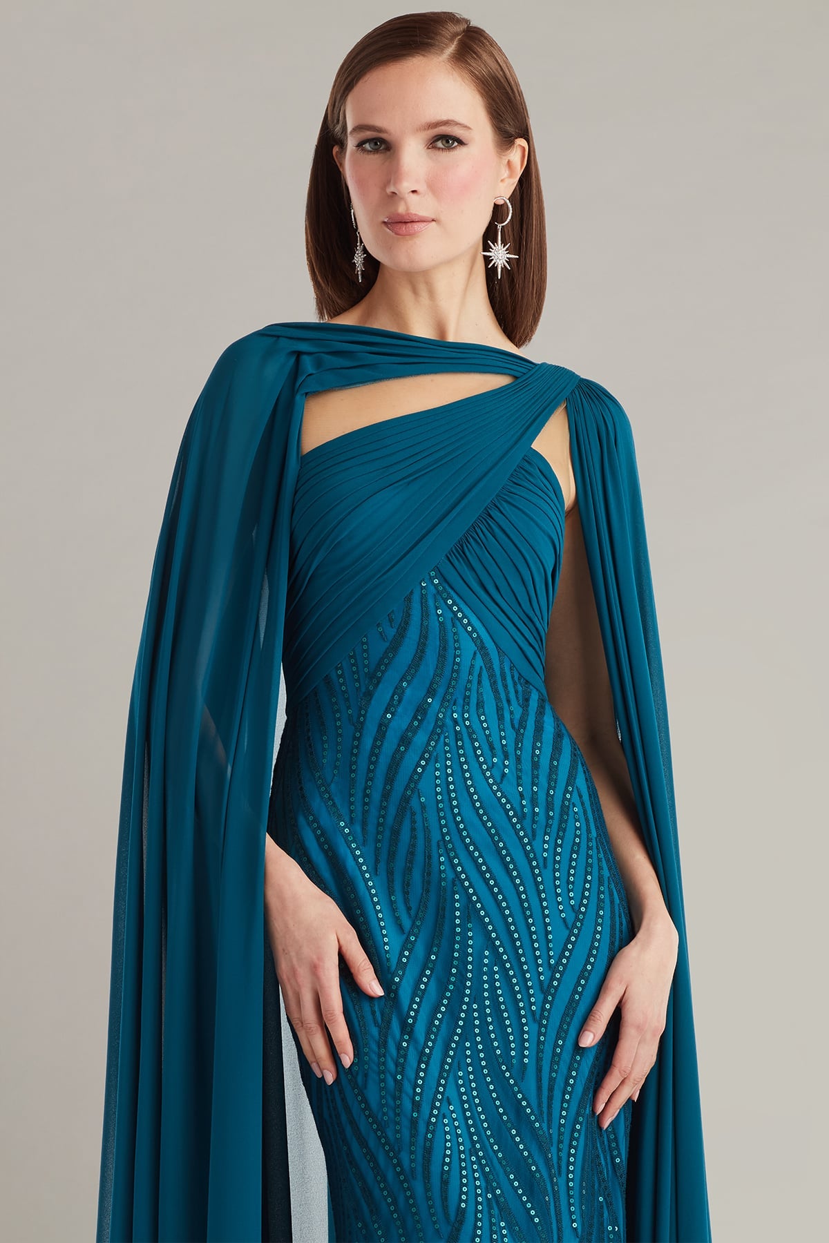 Mother of the Bride Dresses Long Formal Cape Sequin Fitted Mother of the Bride Dress Tadashi Shoji CIO25642L Starry Night