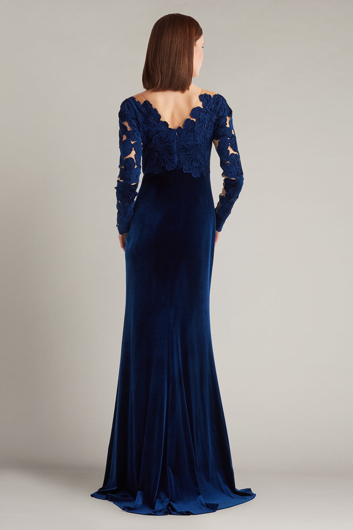Formal Dresses Lace Applique Velvet Long Formal Dress Navy