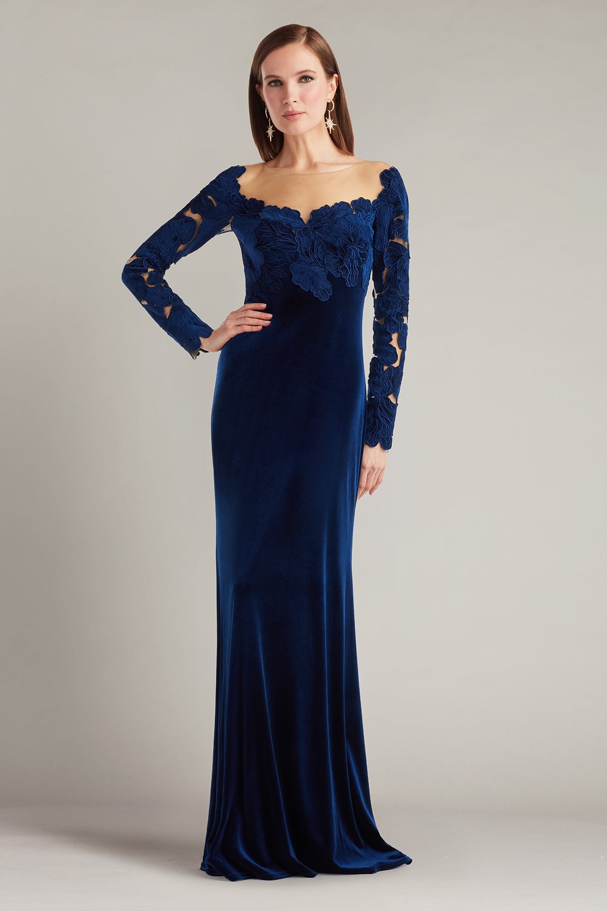 Formal Dresses Lace Applique Velvet Long Formal Dress Navy