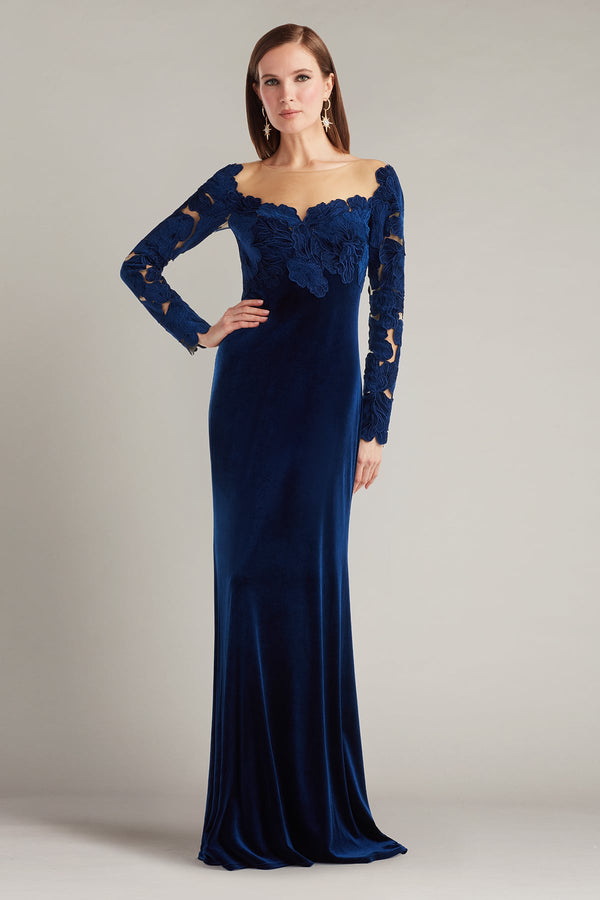 Tadashi Shoji CIX24879L Lace Applique Velvet Long Formal Dress