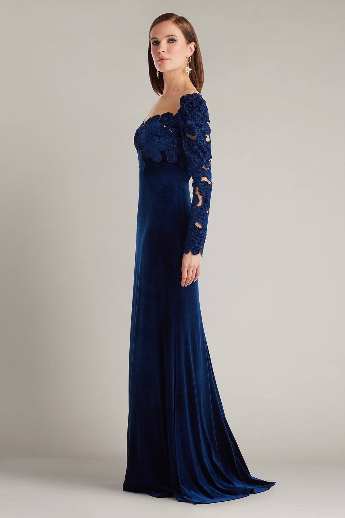 Formal Dresses Lace Applique Velvet Long Formal Dress Navy
