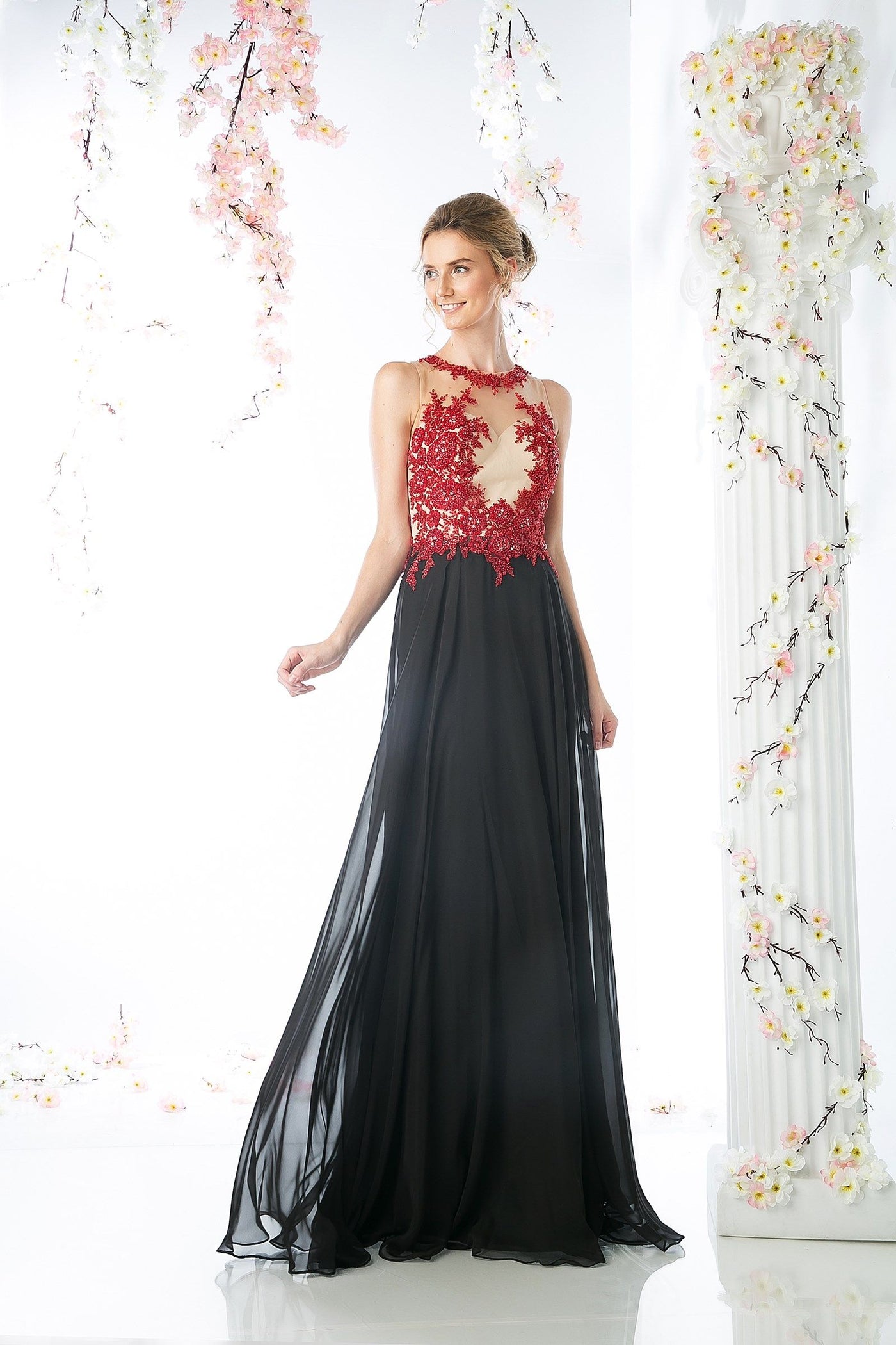 Prom Dresses Long Formal Lace Applique Prom Dress Red Black