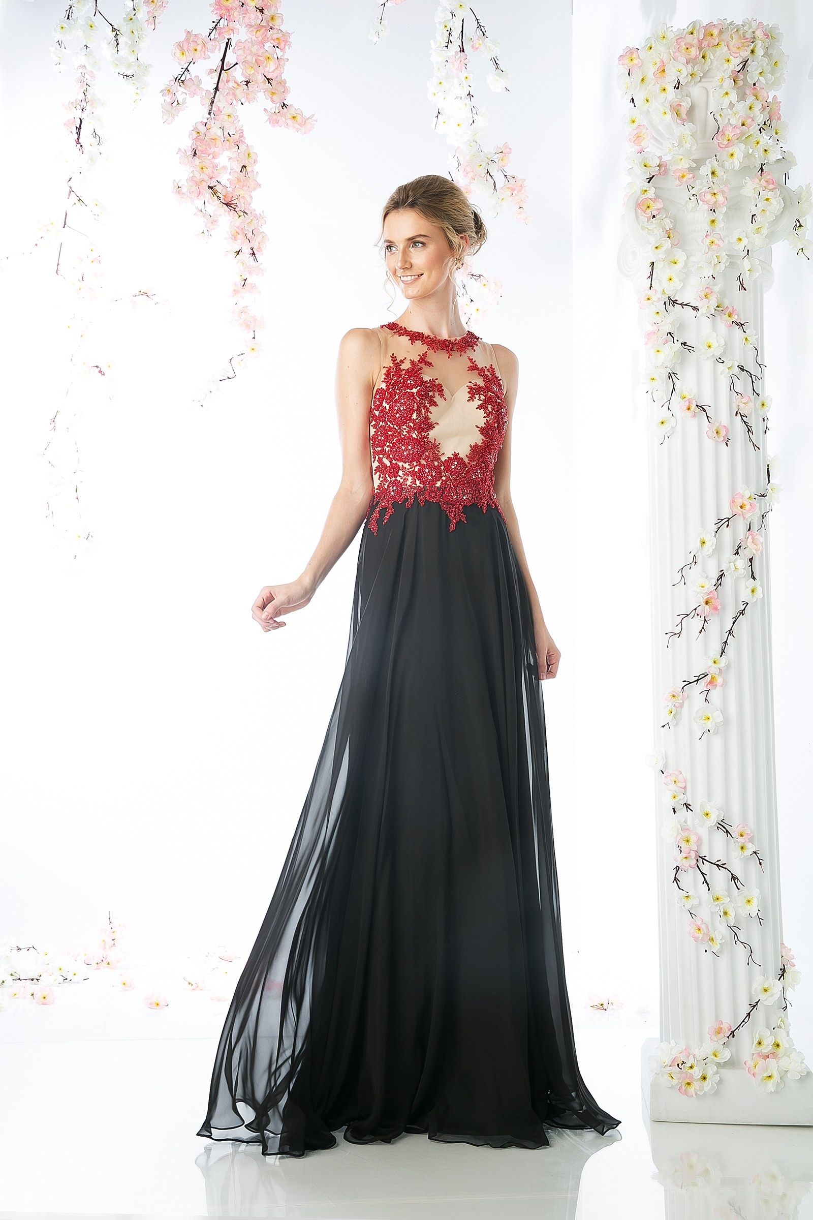 Prom Dresses Long Formal Lace Applique Prom Dress Red Black