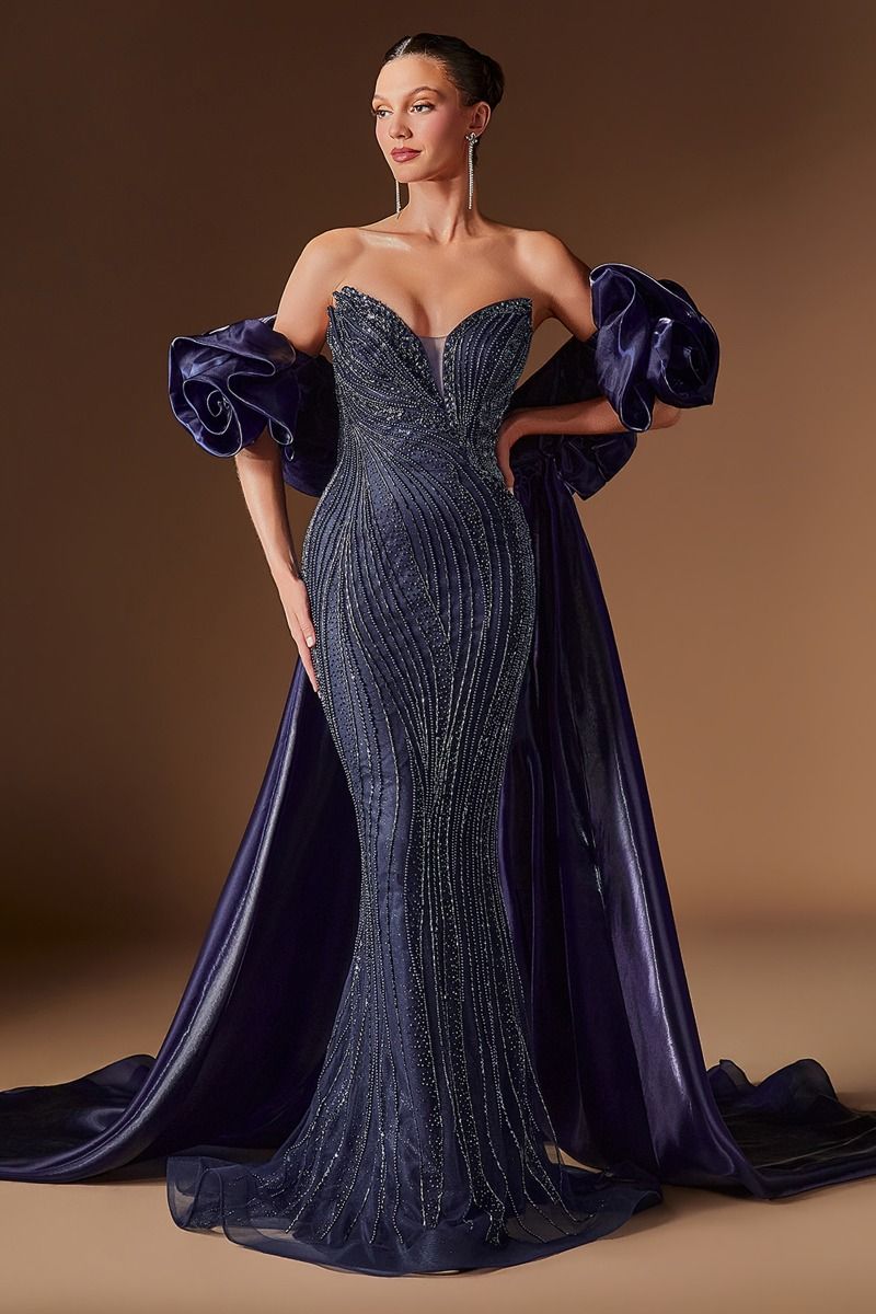 Navy Sweetheart Floor-Length Beaded Mesh Prom Dress Overskirt LaDivine CJ933