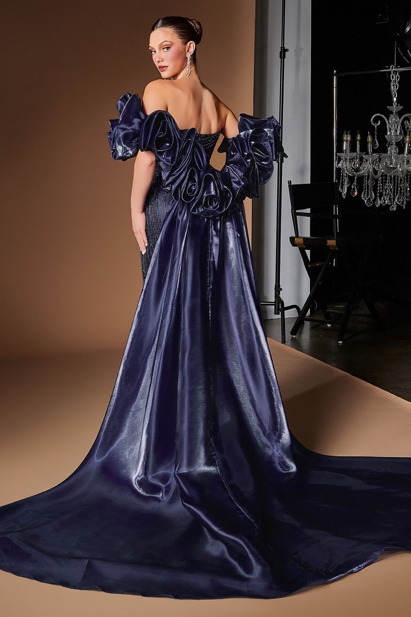 Navy Sweetheart Floor-Length Beaded Mesh Prom Dress Overskirt LaDivine CJ933