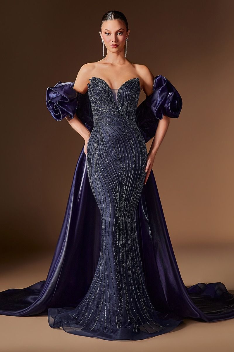 Navy Sweetheart Floor-Length Beaded Mesh Prom Dress Overskirt LaDivine CJ933