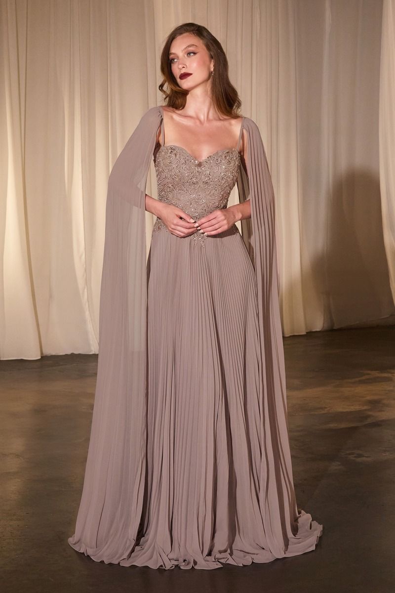 LaDivine CJ937 Long Prom Formal Pleated Cape Dress
