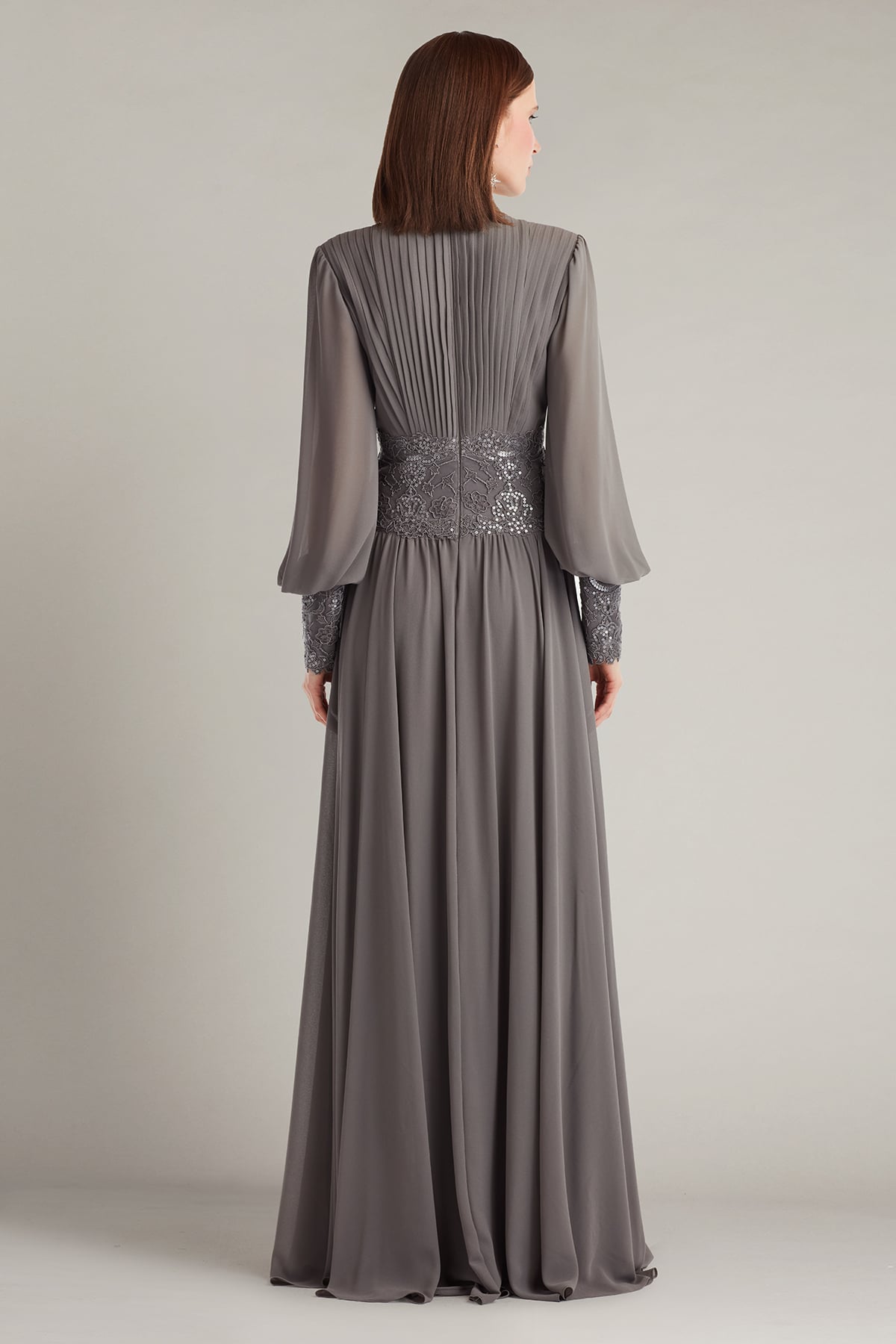 Long Sleeve Lace Applique Formal Pleated Mother of the Bride Dress