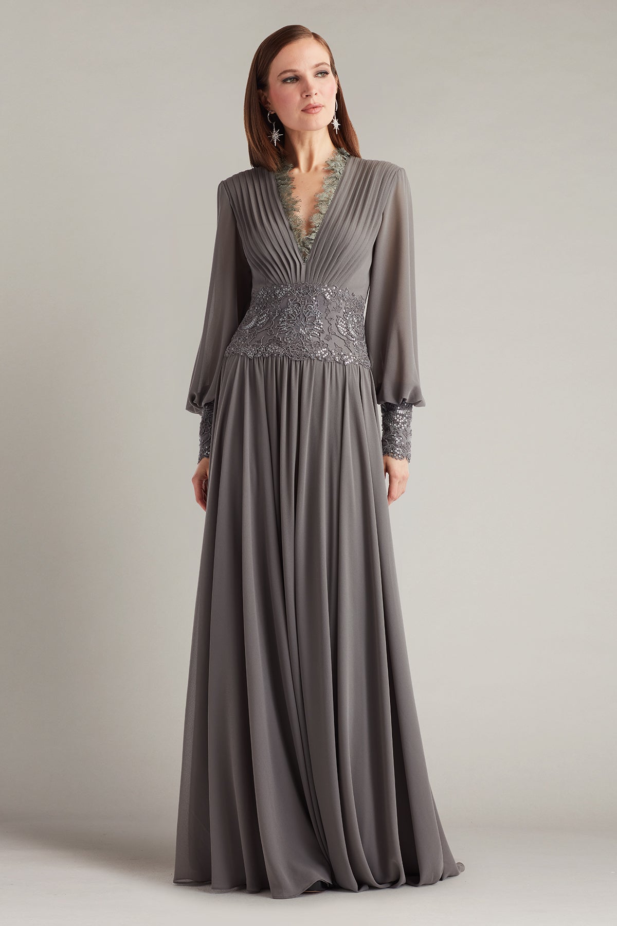 Mother of the Bride Dresses Long Sleeve Lace Applique Formal Pleated Mother of the Bride Dress Tadashi Shoji CJC25726L Mist
