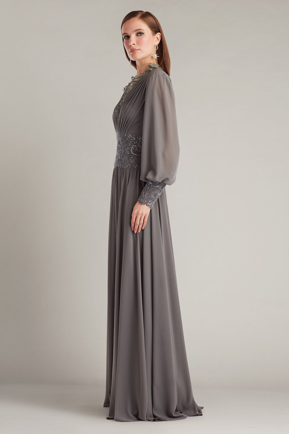 Mother of the Bride Dresses Long Sleeve Lace Applique Formal Pleated Mother of the Bride Dress Tadashi Shoji CJC25726L Mist