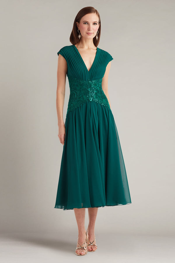 Pleated Short A Line Midi Lace Cocktail Dress Tadashi Shoji CJC25729MD
