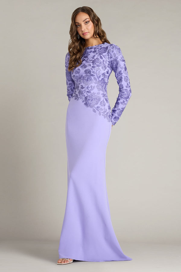 Jewel Floor-Length Scuba Mother of the Bride Gown with Lace Long Sleeves Tadashi Shoji CJH16206LXY