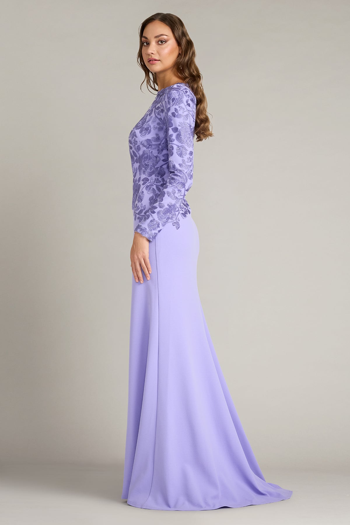 Lavender Mist Jewel Floor-Length Scuba Mother of the Bride Gown with Lace Long Sleeves Tadashi Shoji CJH16206LXY