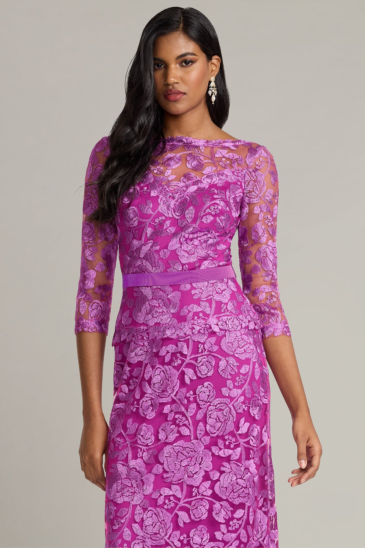 Magenta Bateau Floor-Length Floral Lace Mother of the bride Dress with 3/4 Sleeves and Ribbon Waistband Tadashi Shoji CJH24130L