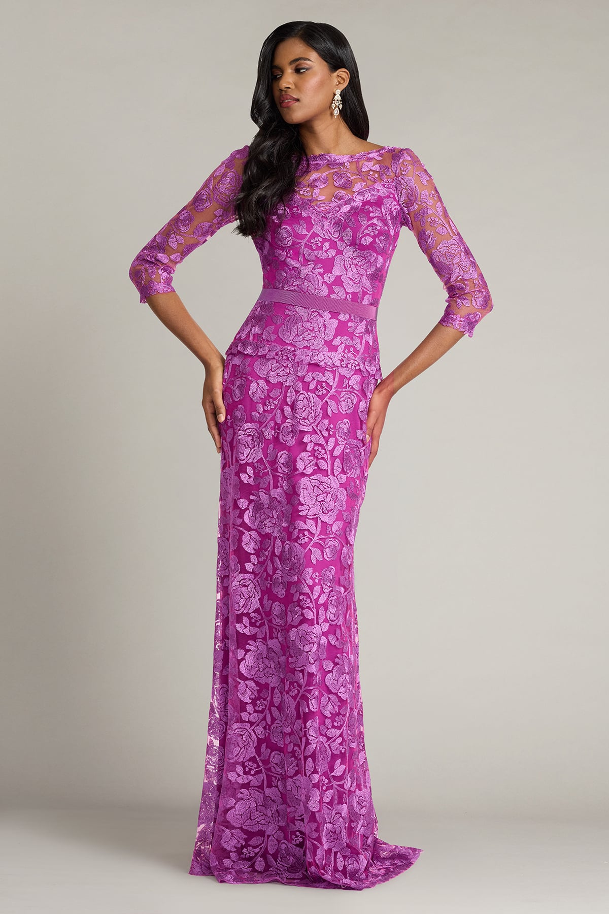 Magenta Bateau Floor-Length Floral Lace Mother of the bride Dress with 3/4 Sleeves and Ribbon Waistband Tadashi Shoji CJH24130L