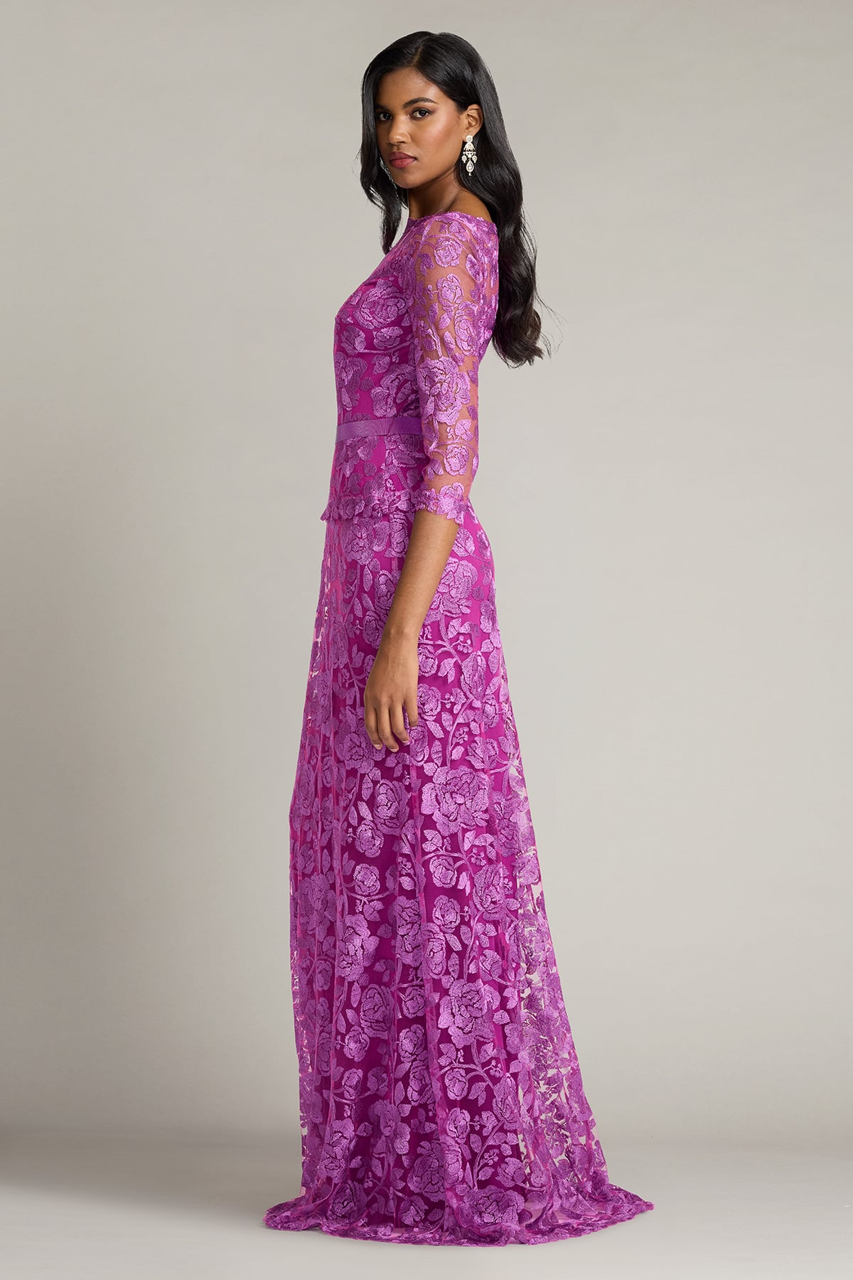 Magenta Bateau Floor-Length Floral Lace Mother of the bride Dress with 3/4 Sleeves and Ribbon Waistband Tadashi Shoji CJH24130L