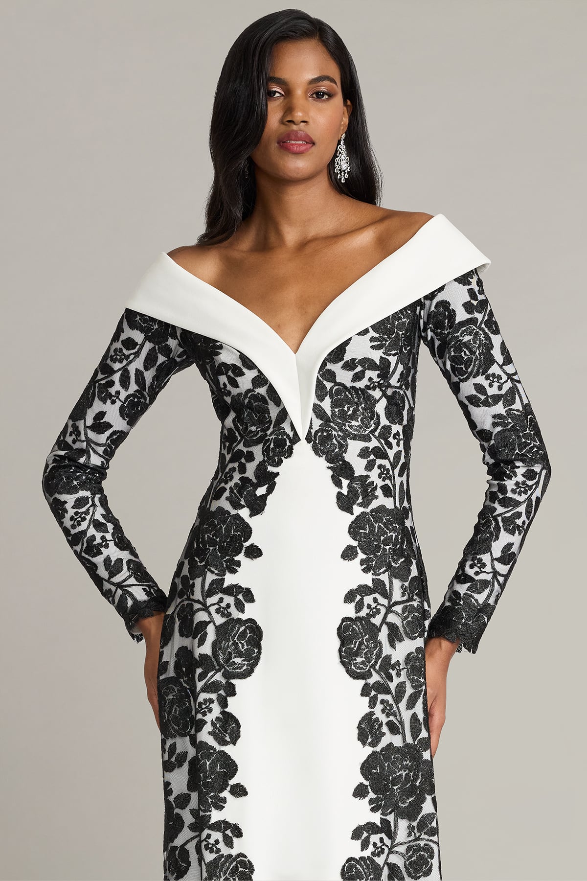 Mother of the Bride Dresses Long Sleeve Floral Formal Mother of the Bride Dress Tadashi Shoji CJH26120L Black/Ivory