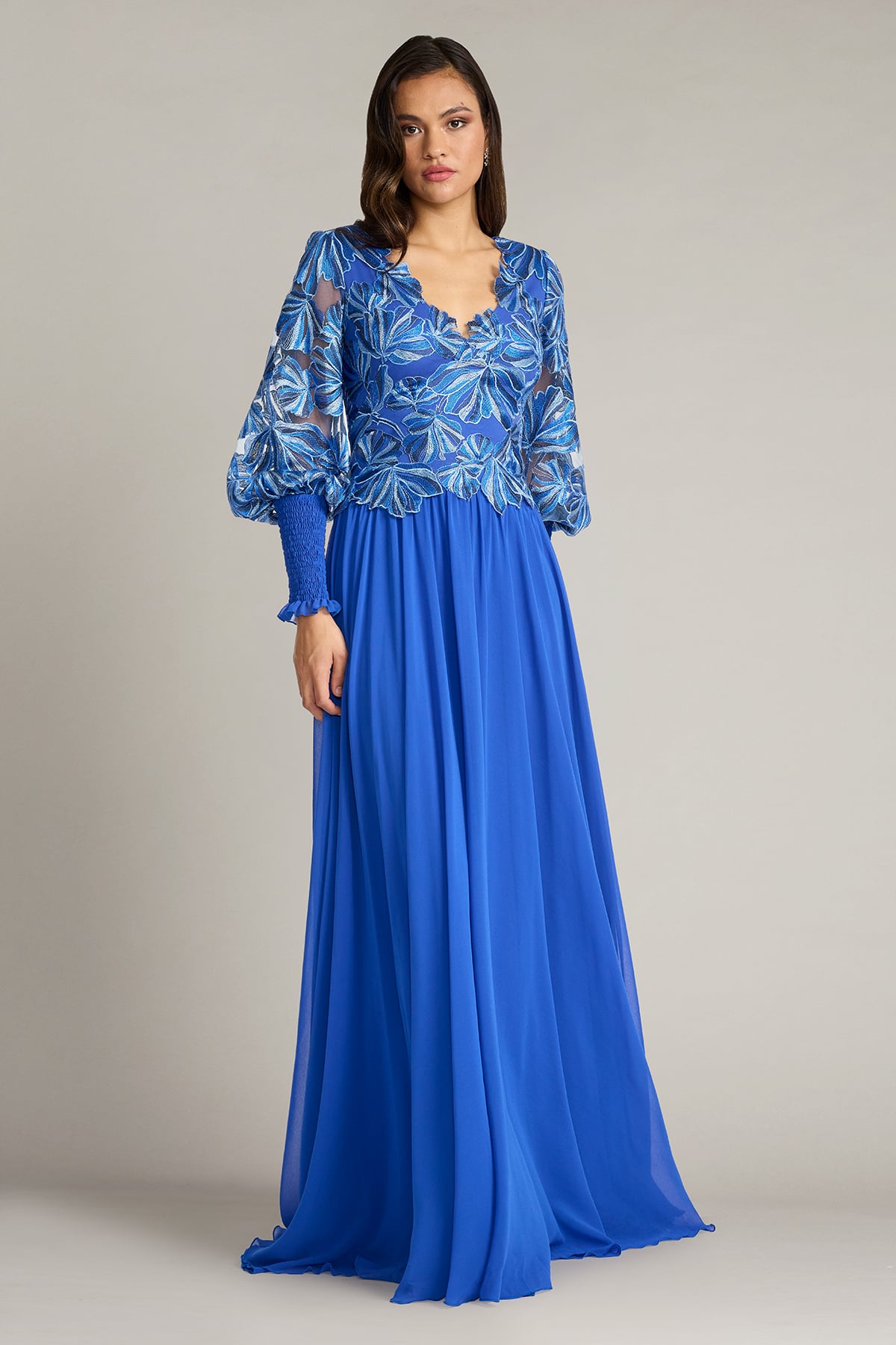 Tadashi Shoji Women's Dansby Embroidered Bishop Sleeve Gown - Blue