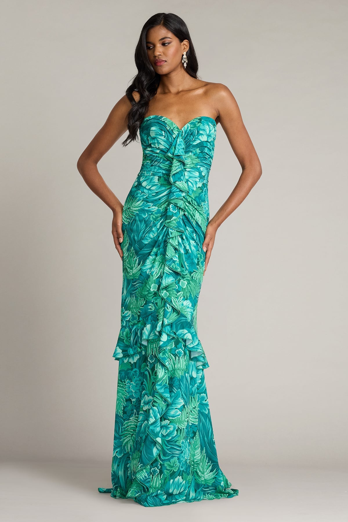 Emeral Green Multi Sweetheart Floor-Length Chiffon Formal Ruffled Floral Gown Tadashi Shoji CJR20390L