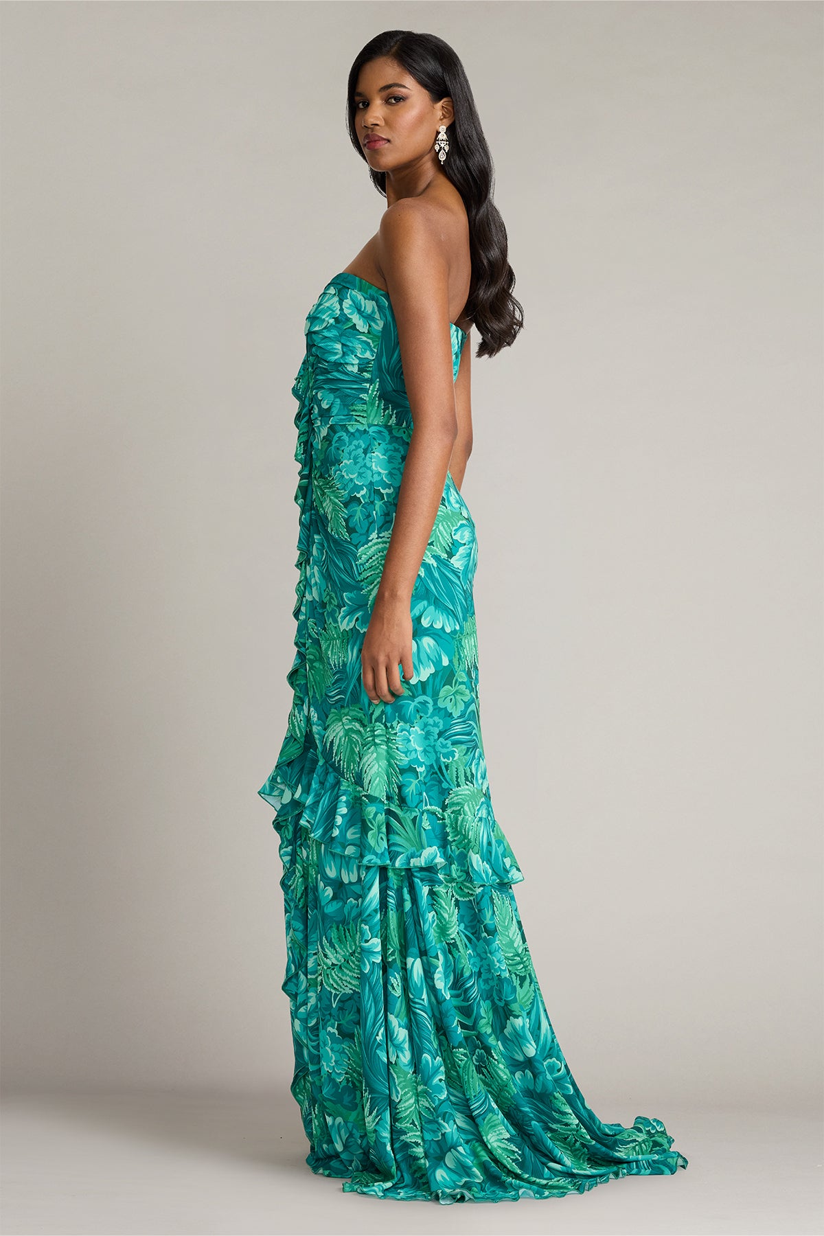 Emeral Green Multi Sweetheart Floor-Length Chiffon Formal Ruffled Floral Gown Tadashi Shoji CJR20390L