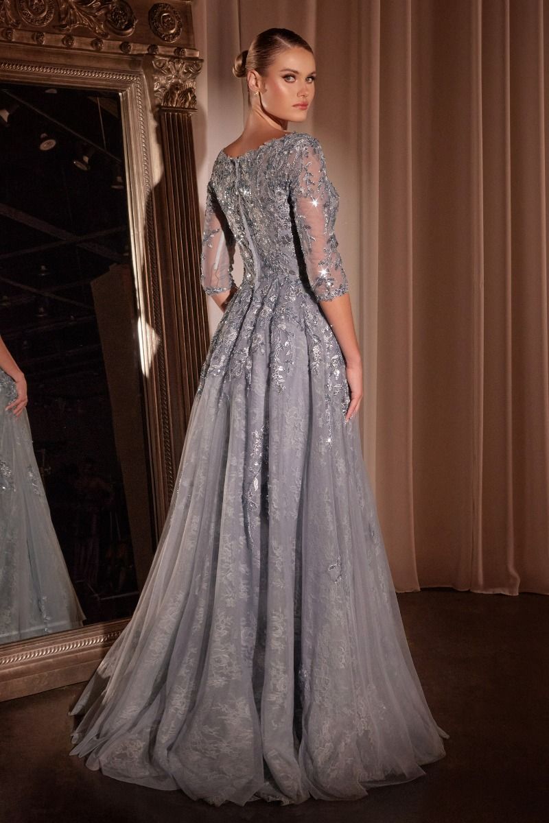 Navy LaDivine CK2401 Long Formal A Line Lace Evening Dress