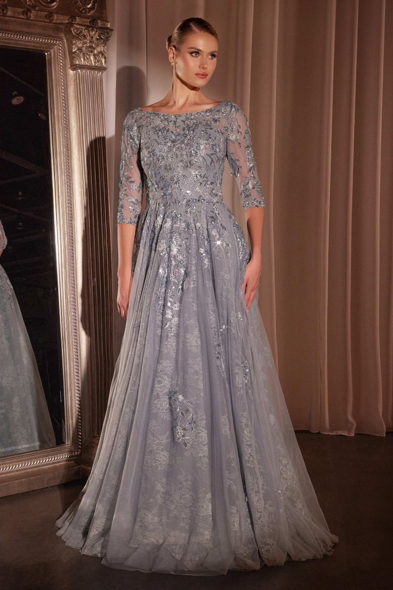 Navy LaDivine CK2401 Long Formal A Line Lace Evening Dress
