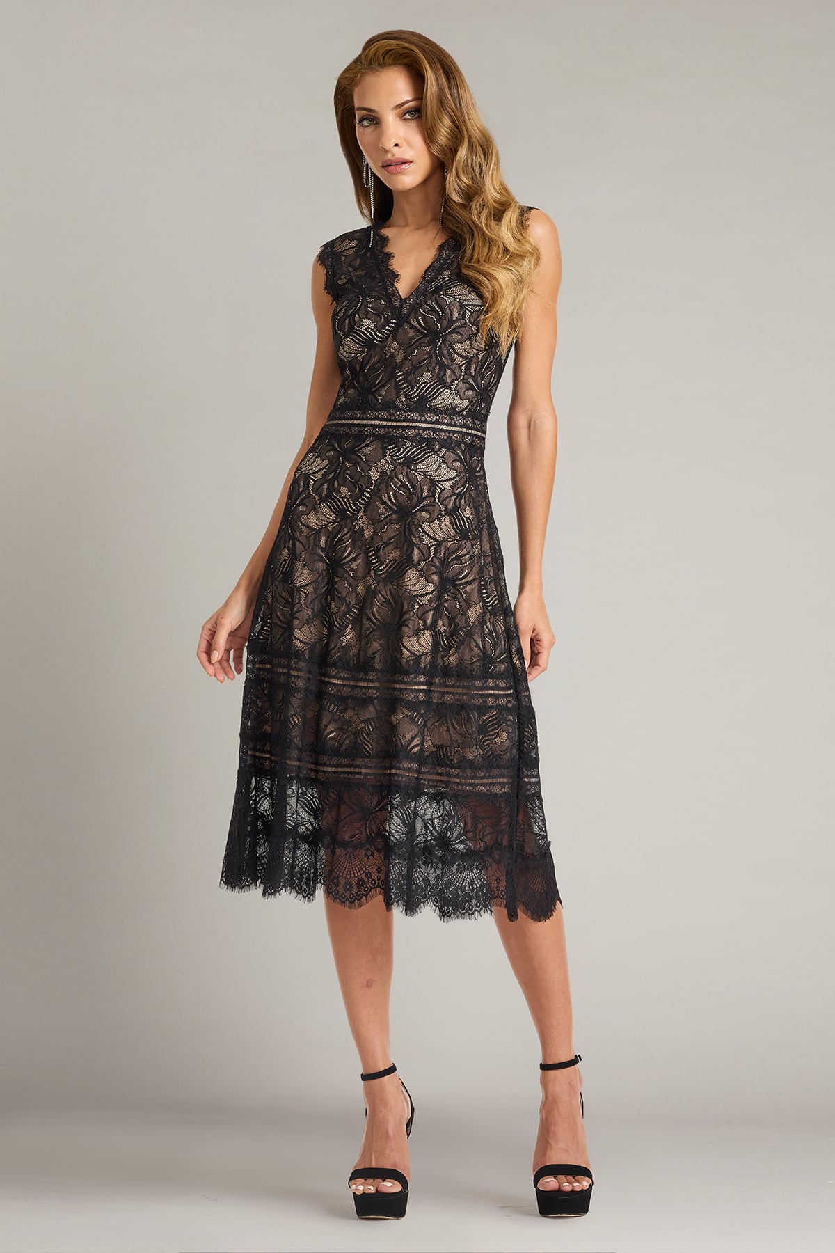 Black/Nude V-Neck Knee-Length Lace Cocktail Dress with Scalloped Hem Tadashi Shoji CKI26364M