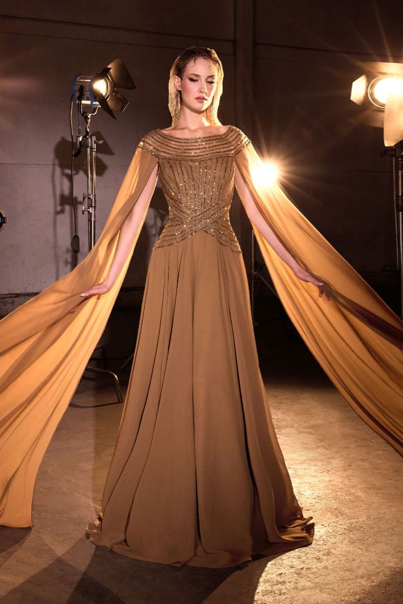 LaDivine CL08 Long Cape Formal A Line Evening Dress – The Dress Outlet