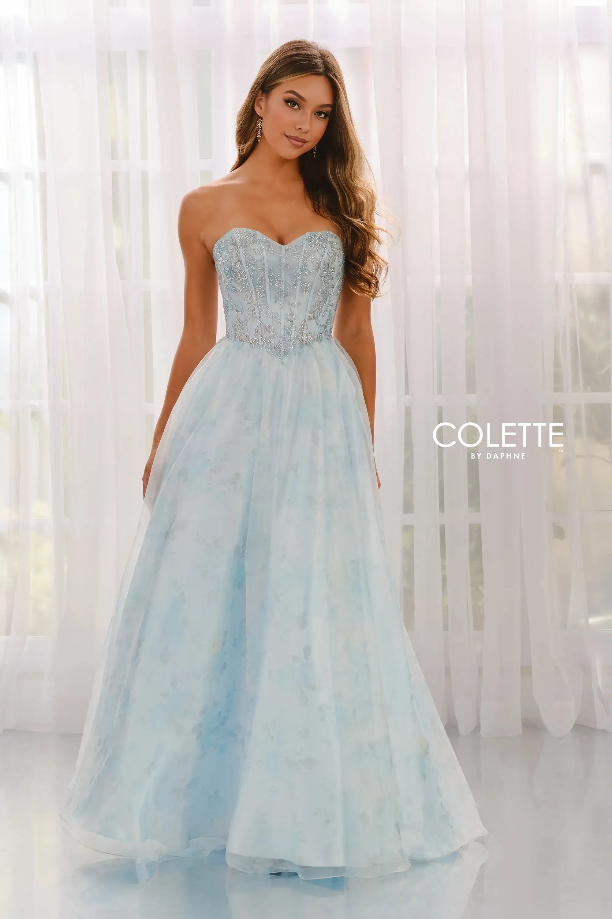Prom Dresses Beaded A Line Formal Long Prom Dress Light Blue Floral