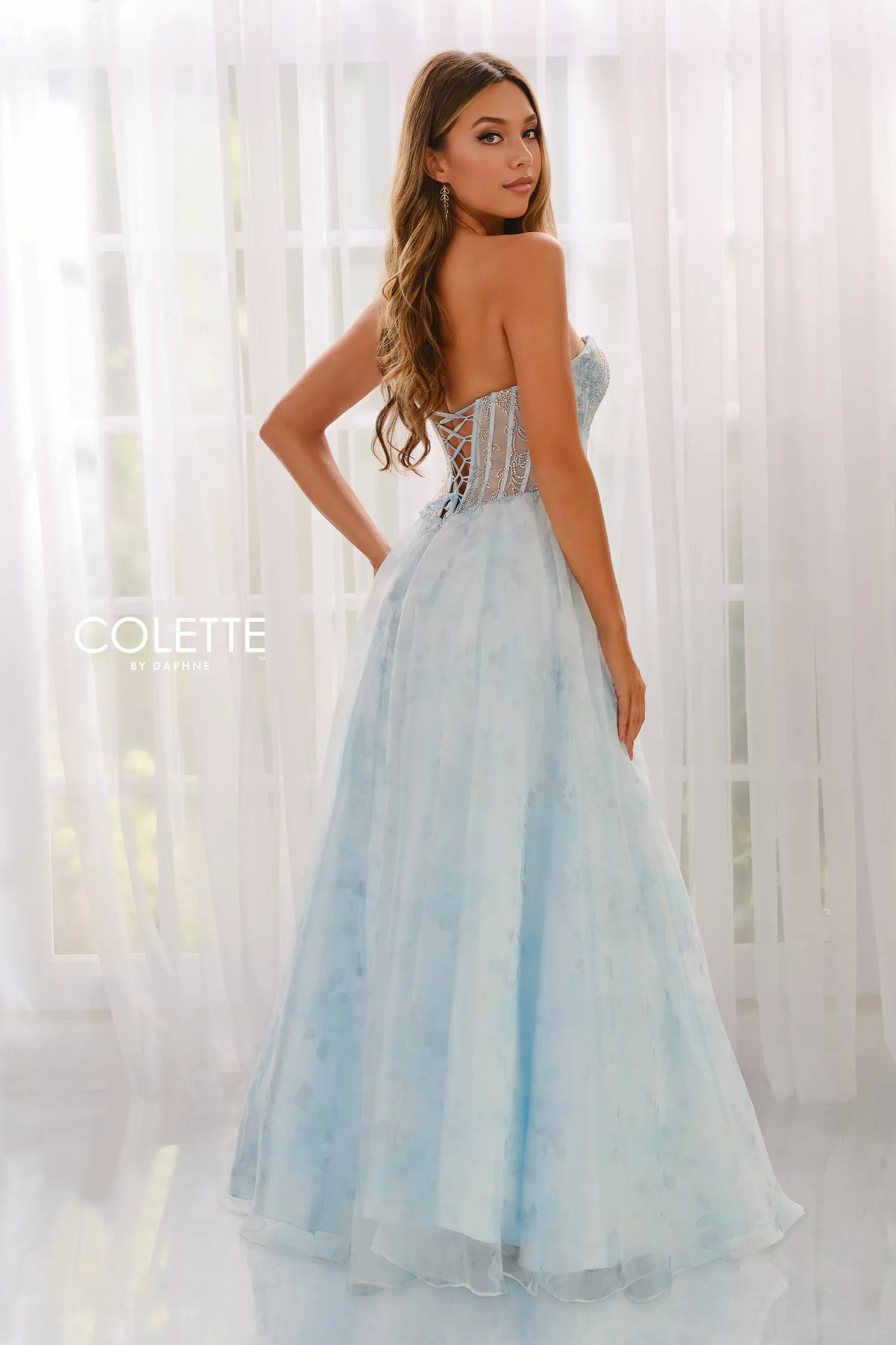 Prom Dresses Beaded A Line Formal Long Prom Dress Light Blue Floral