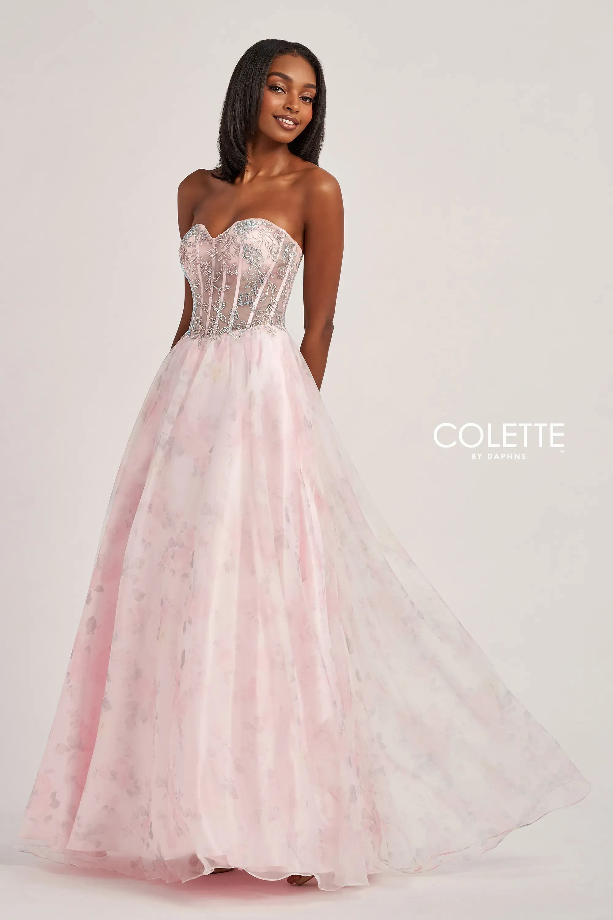 Prom Dresses Beaded A Line Formal Long Prom Dress Pink Floral