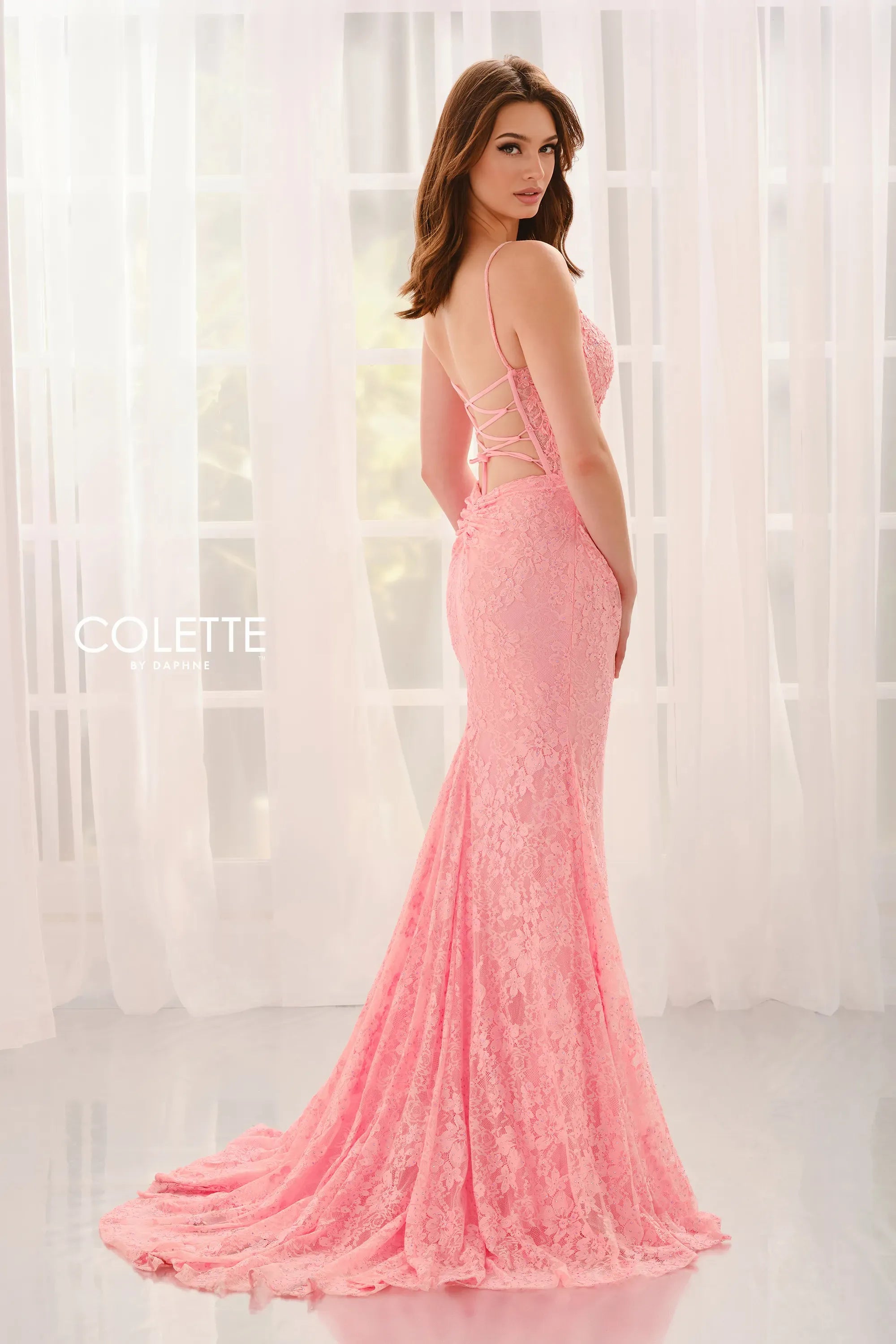 Prom Dresses Corset Lace Formal Long Prom Dress Coral Pink