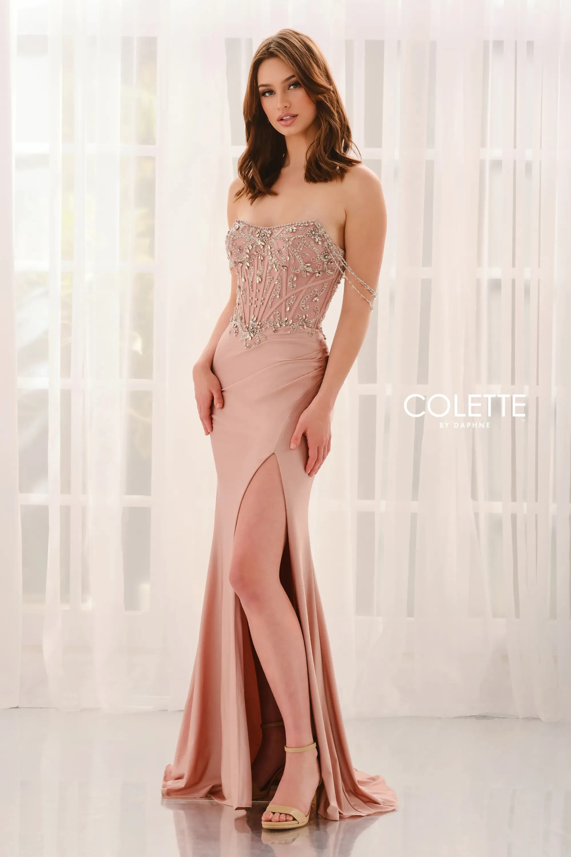 Prom Dresses Lace Applique Beaded Formal Long Prom Dress Blush