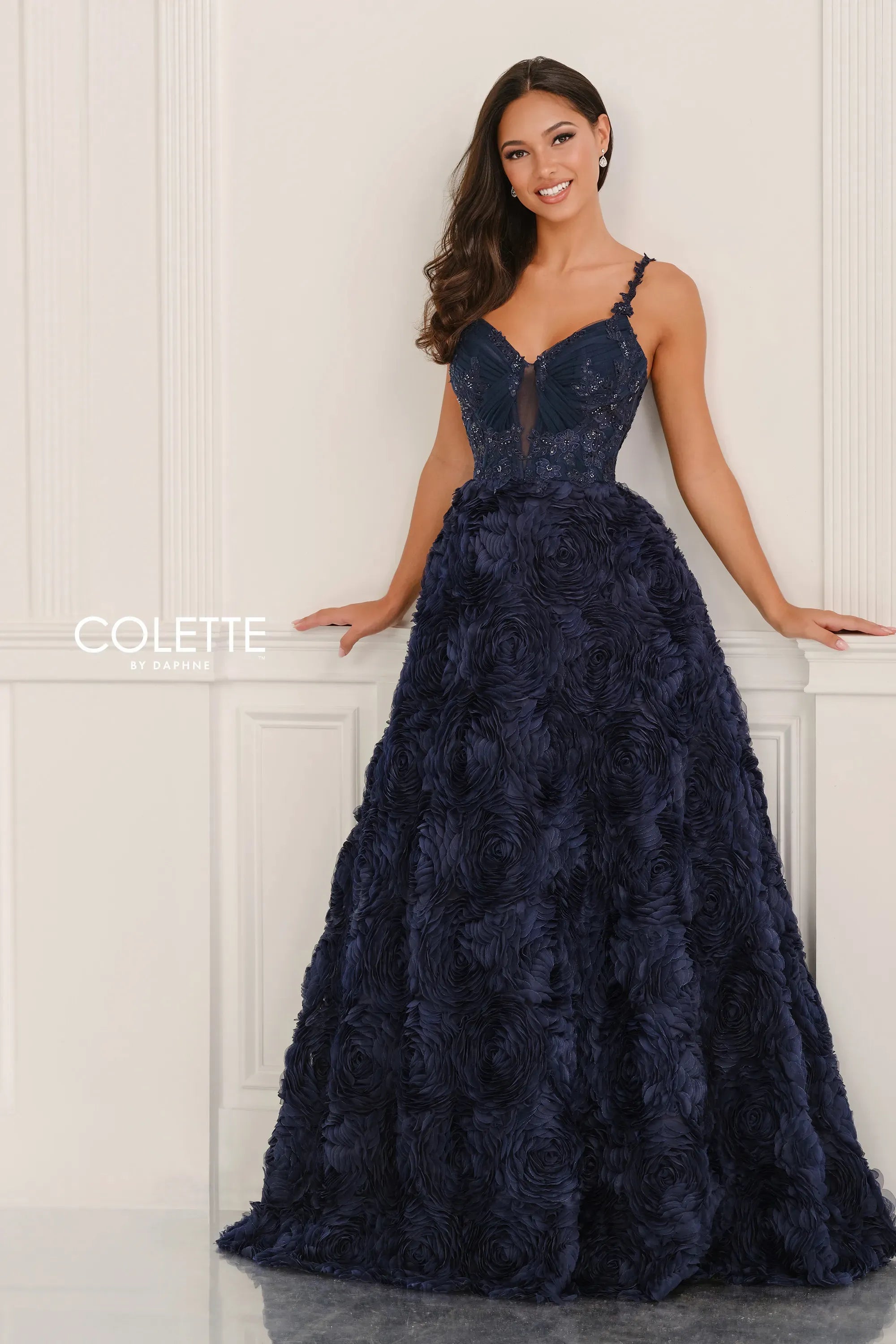 Prom Dresses Lace Applique Long Formal Evening Prom Dress Navy Blue