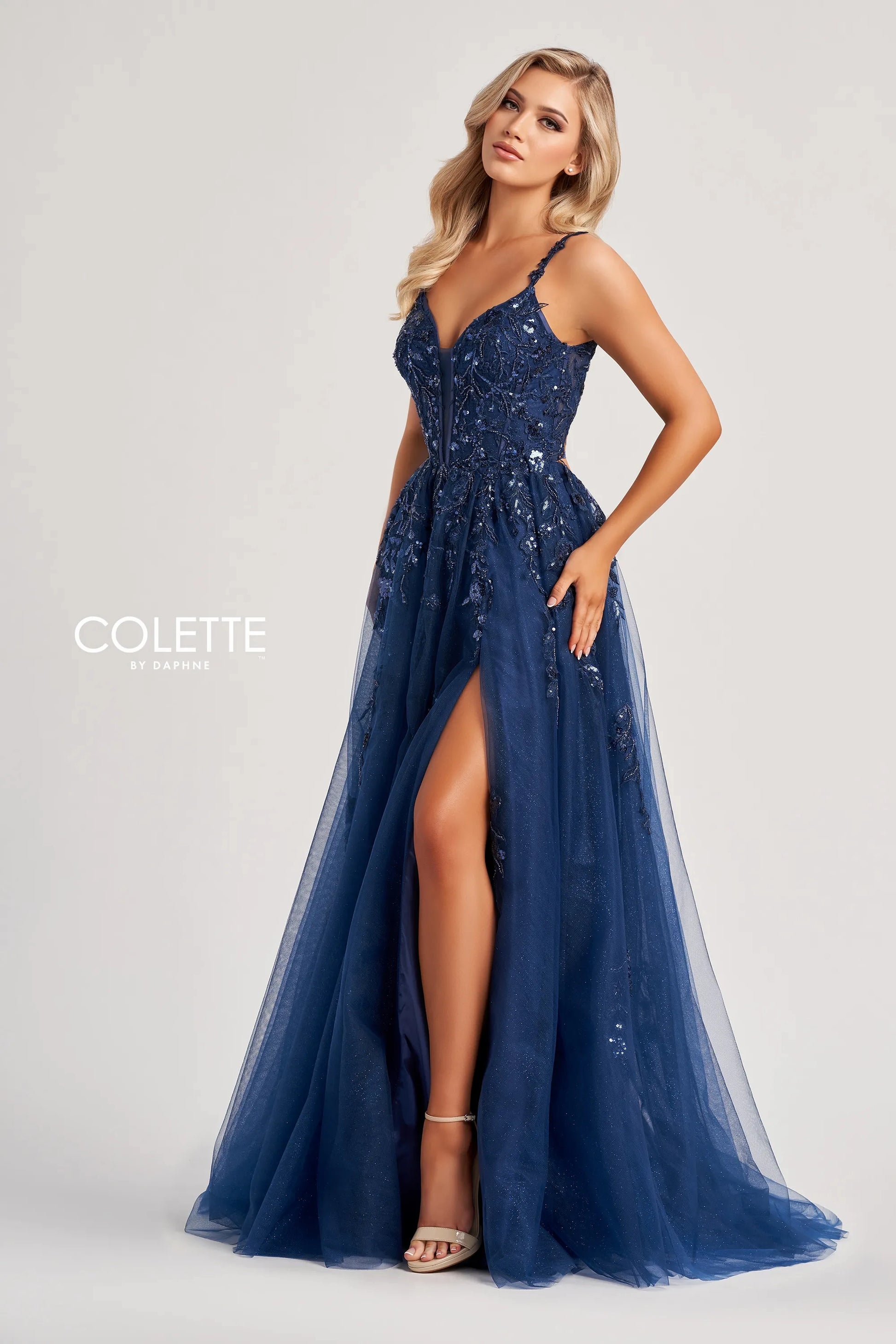 Colette by Daphne CL8060 Sequin Long Slit Glitter A Line Formal Prom Dress
