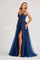 Prom Dresses Sequin Long Slit Glitter A Line Formal Prom Dress Navy Blue