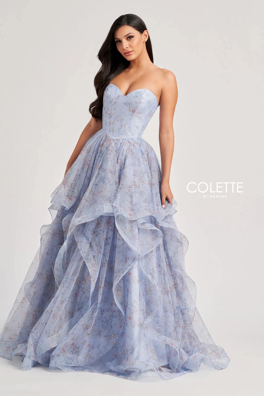 Prom Dresses Long Glitter Ball Gown Formal Printed Prom Dress  Ocean Blue Multi