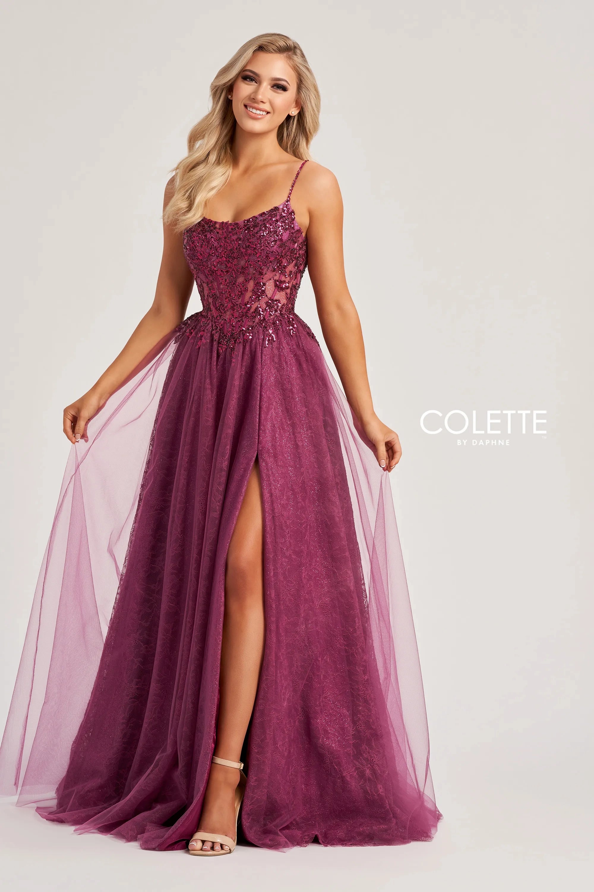 Colette by Daphne CL8240 Long Slit A Line Sequin Formal Prom Dress - Berry / 4 Colette by Daphne CL8240 Long Slit A Line Sequin Formal Prom Dress - Berry / 4