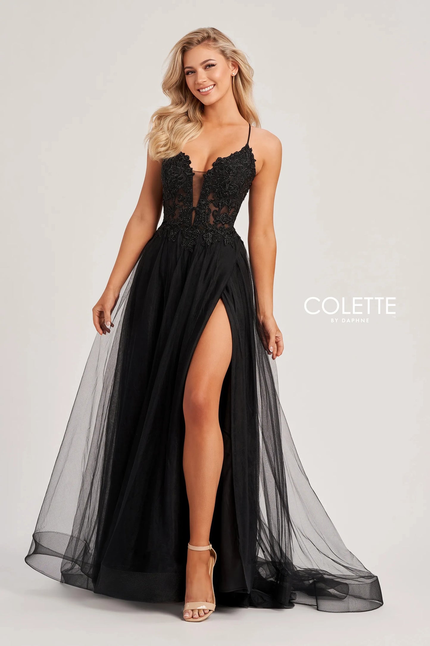 Navy Blue Colette by Daphne CL8320 A Line Lace Long Formal Prom Dress