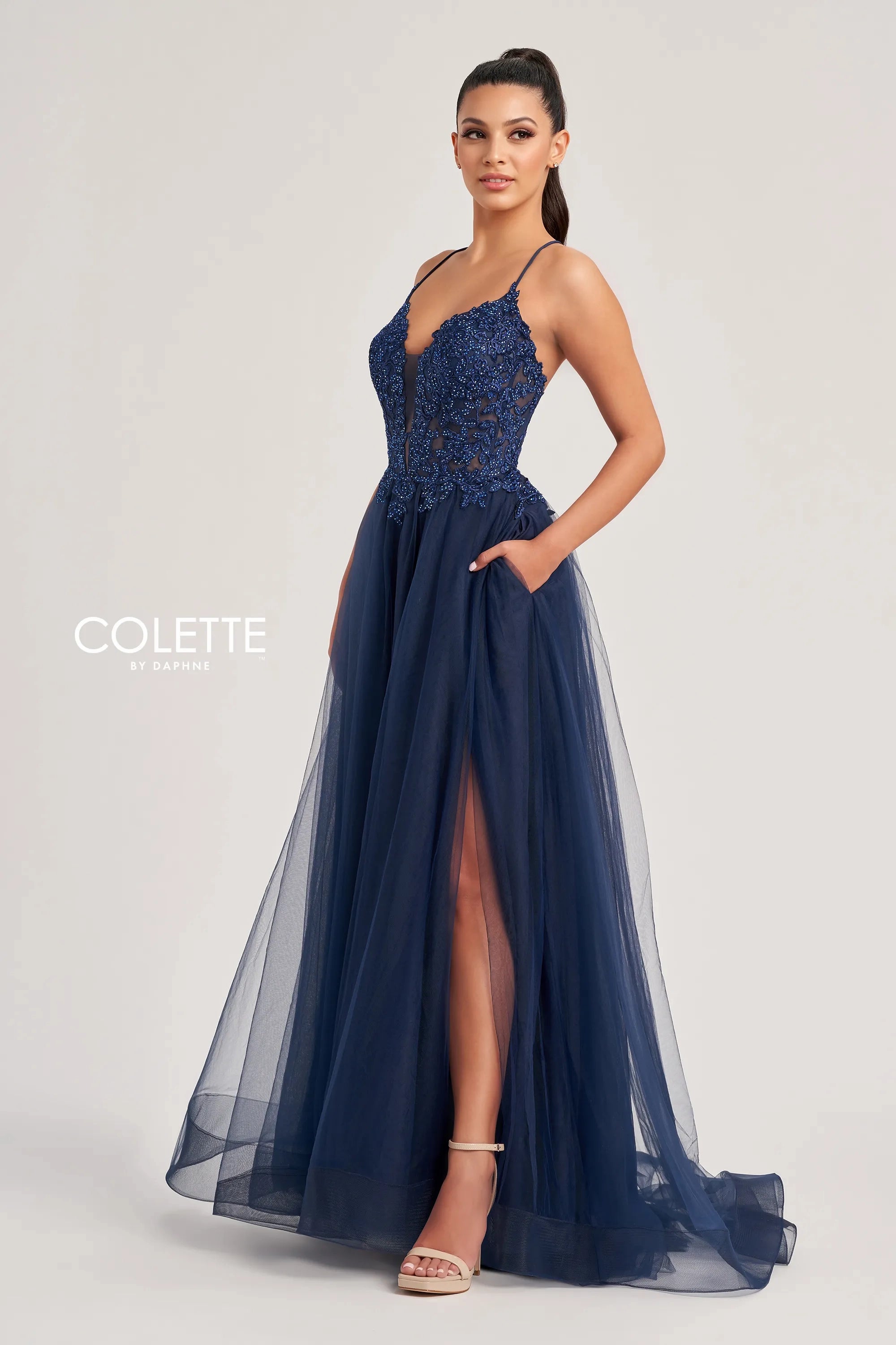 Colette by Daphne CL8320 A Line Lace Long Formal Prom Dress - Navy Blue / 16 Colette by Daphne CL8320 A Line Lace Long Formal Prom Dress - Navy Blue / 16