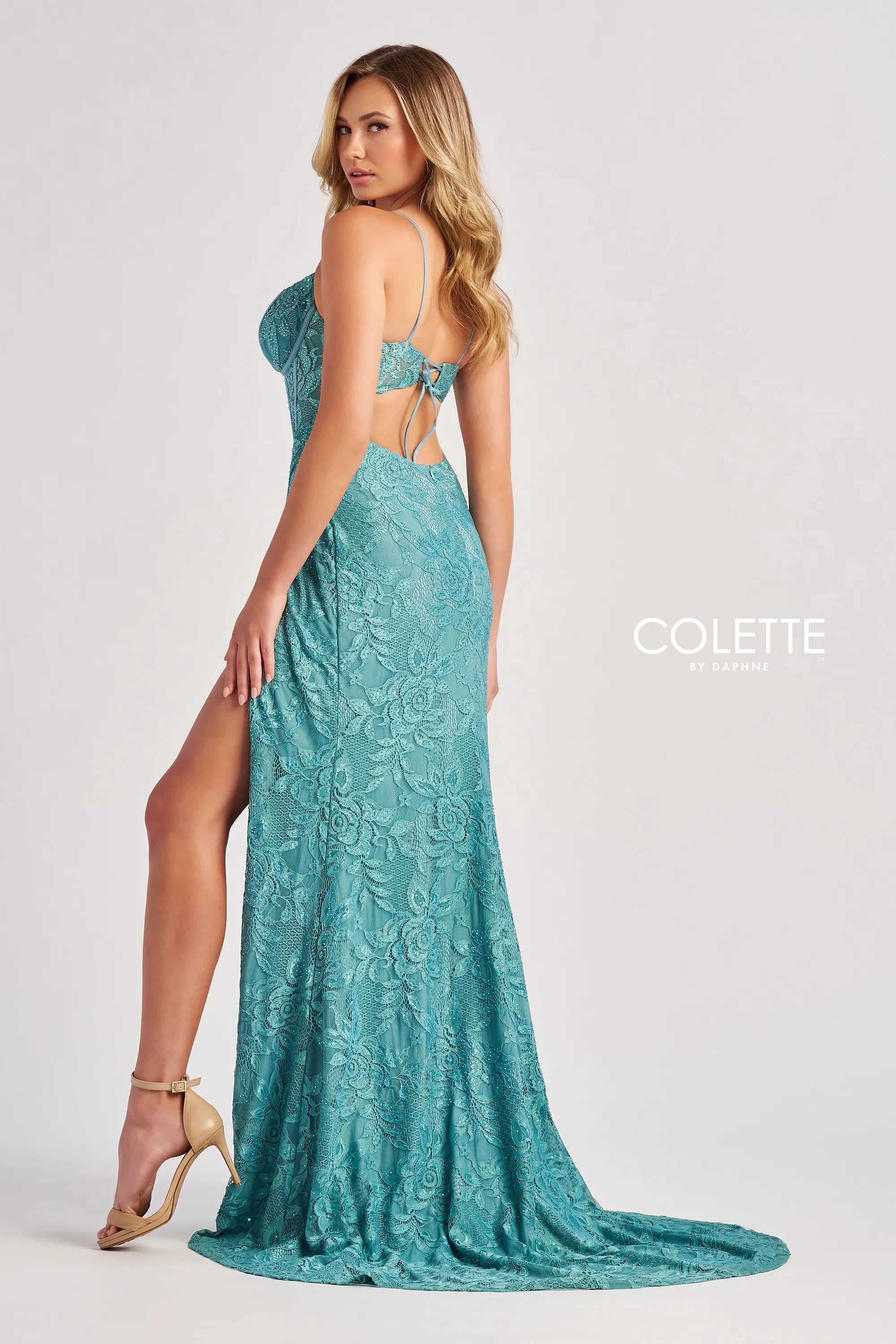 Prom Dresses Long Slit Lace Formal Prom Dress Sea Glass