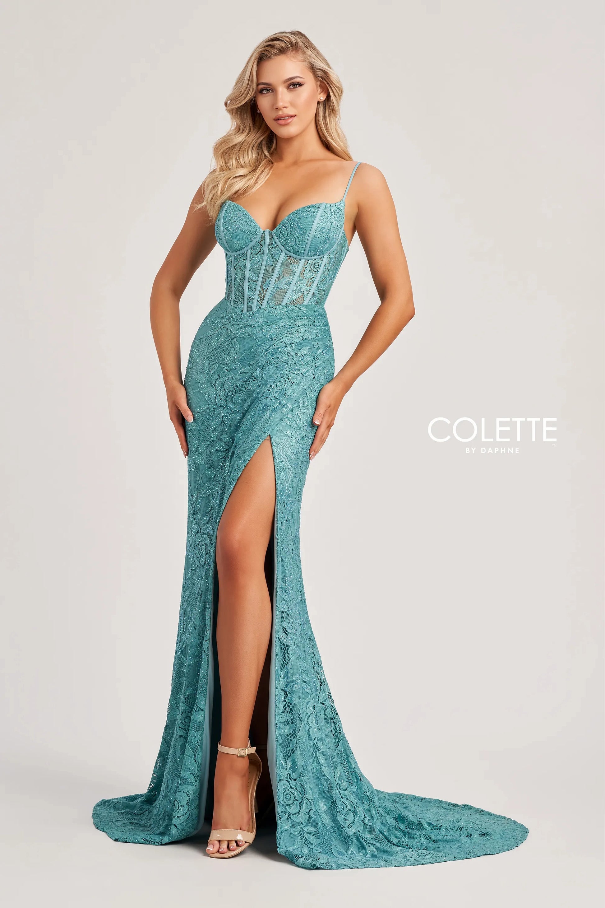 Colette by Daphne CL8405 Long Slit Lace Formal Prom Dress