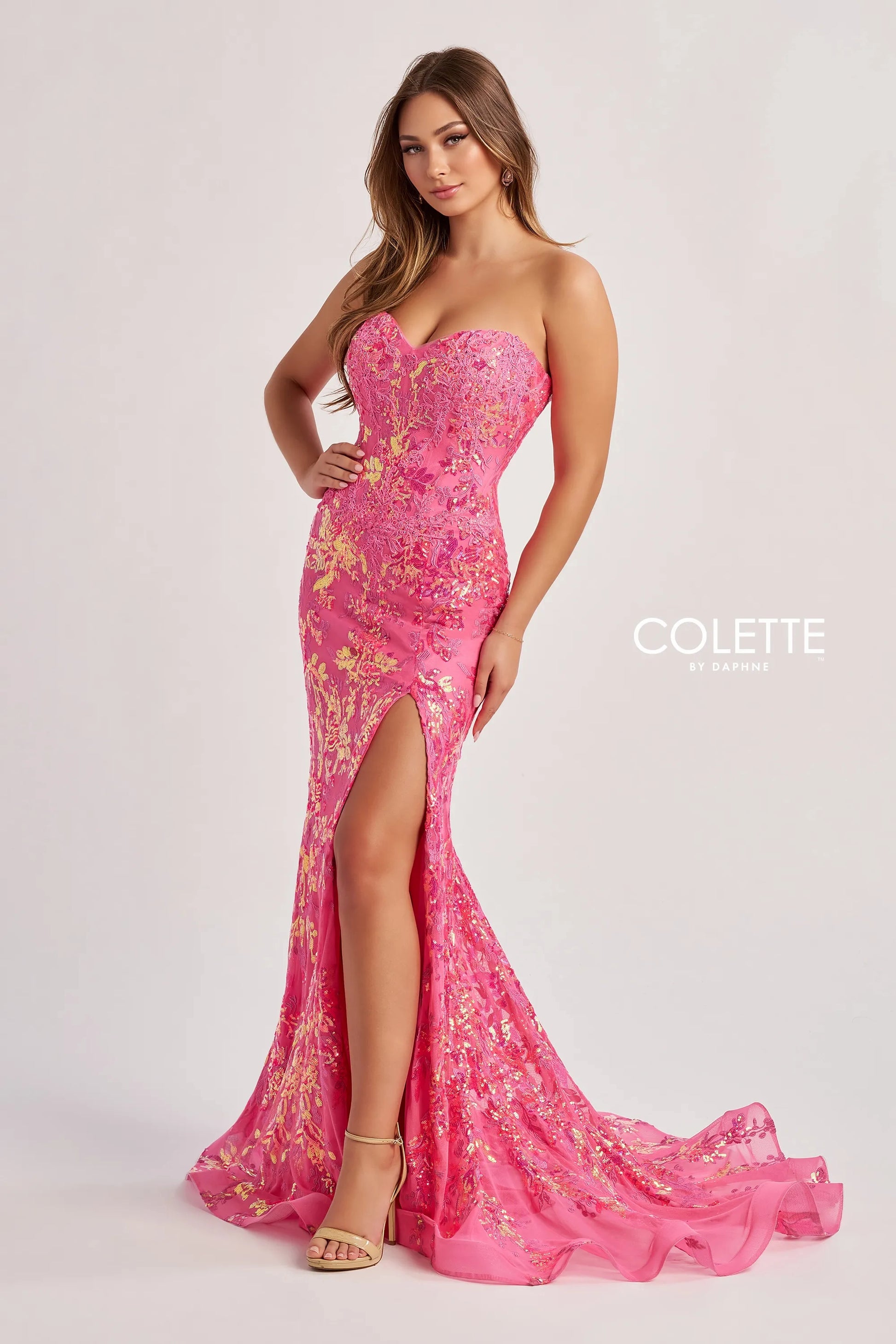 Colette by Daphne CL8440 Mermaid Long Sequin Lace Slit Formal Prom Dress