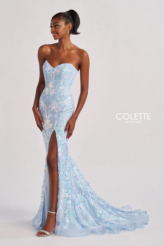 Prom Dresses Mermaid Long Sequin Lace Slit Formal Prom Dress Ice Blue