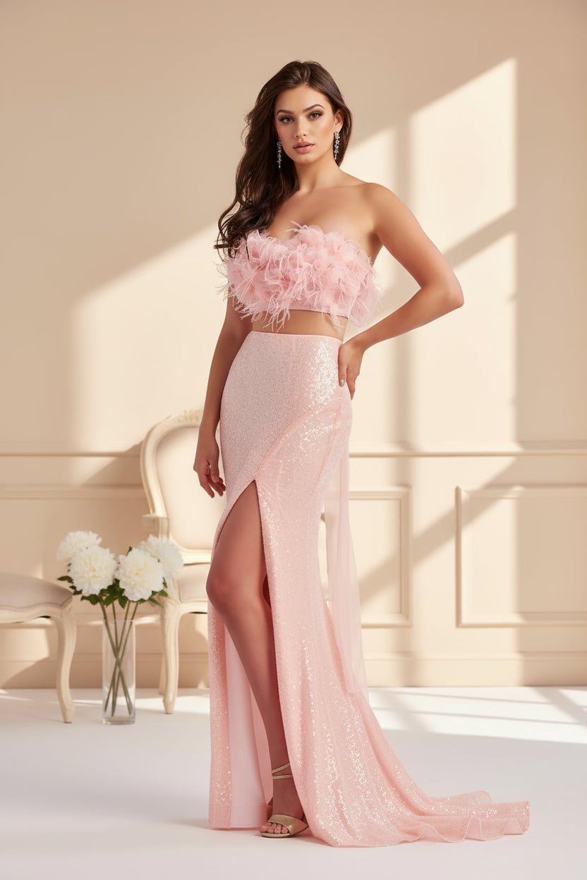 Prom Dresses Long Feather Sequin Formal Mermaid Prom Dress  Ice Pink