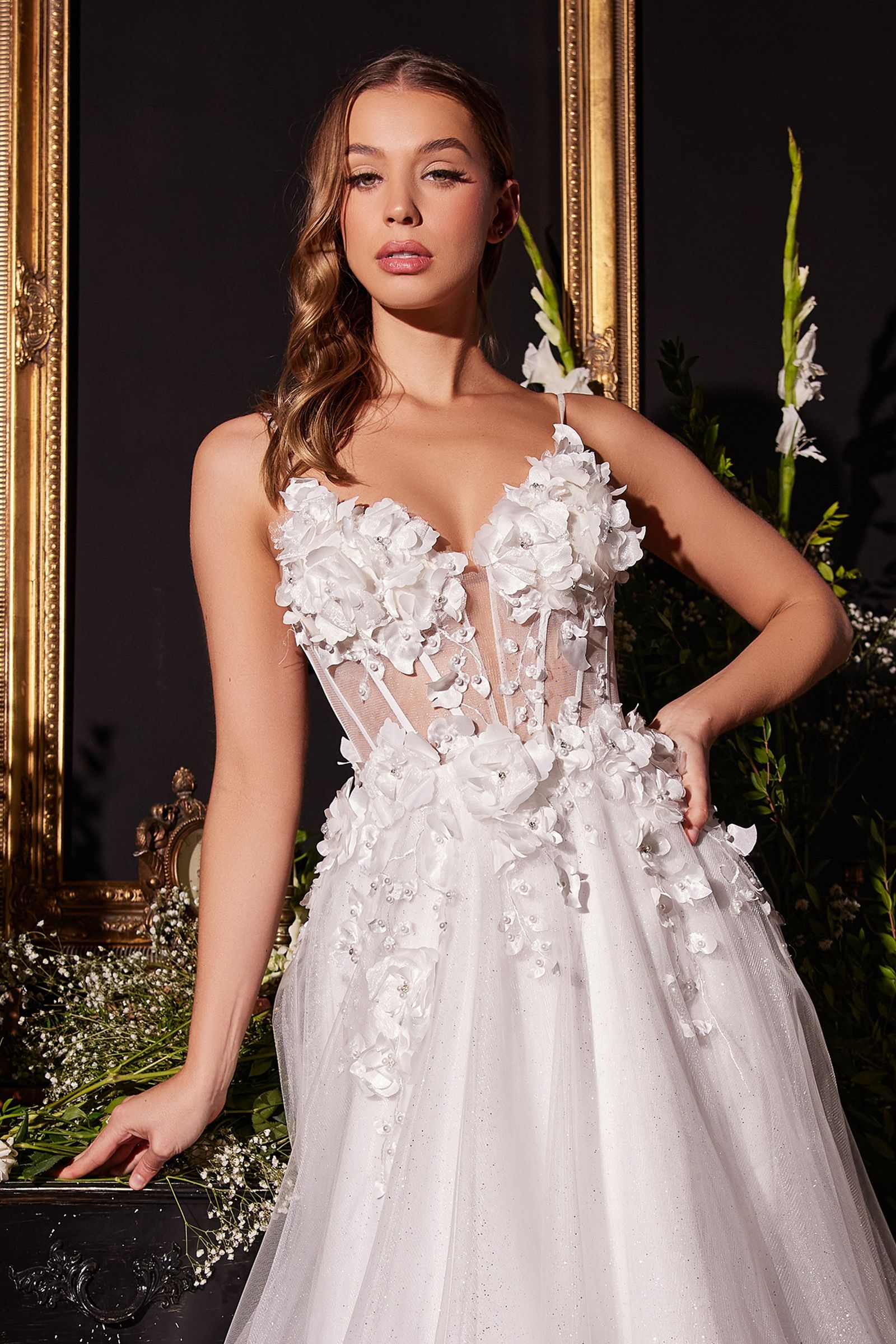 LaDivine CM321W Long Floral Applique A Line Wedding Dress