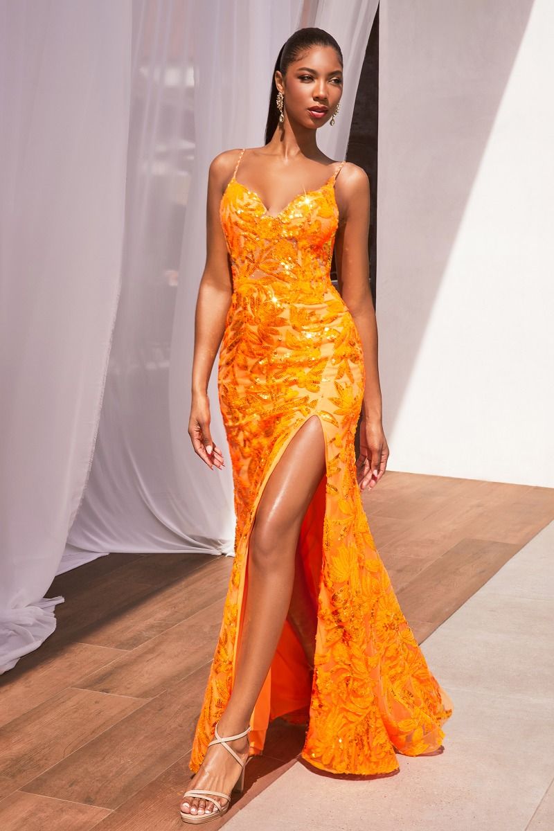 LaDivine CM350 Formal Long Sequin Prom Printed Dress