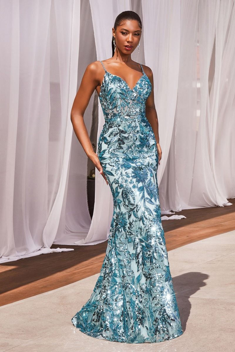 LaDivine CM350 Formal Long Sequin Prom Printed Dress